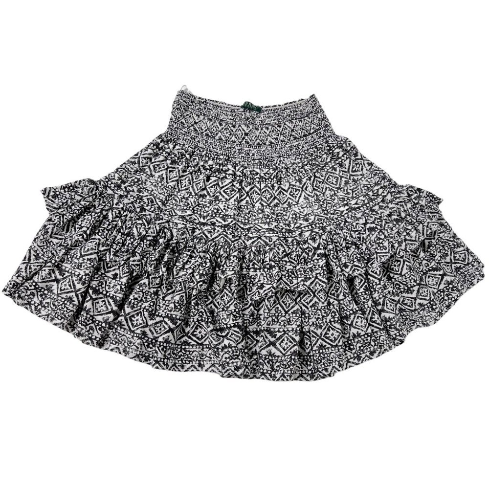 Lauren Ralph Lauren Black White Tiered Smocked Ruffle Full Mini Skirt Size 4P - Picture 3 of 5